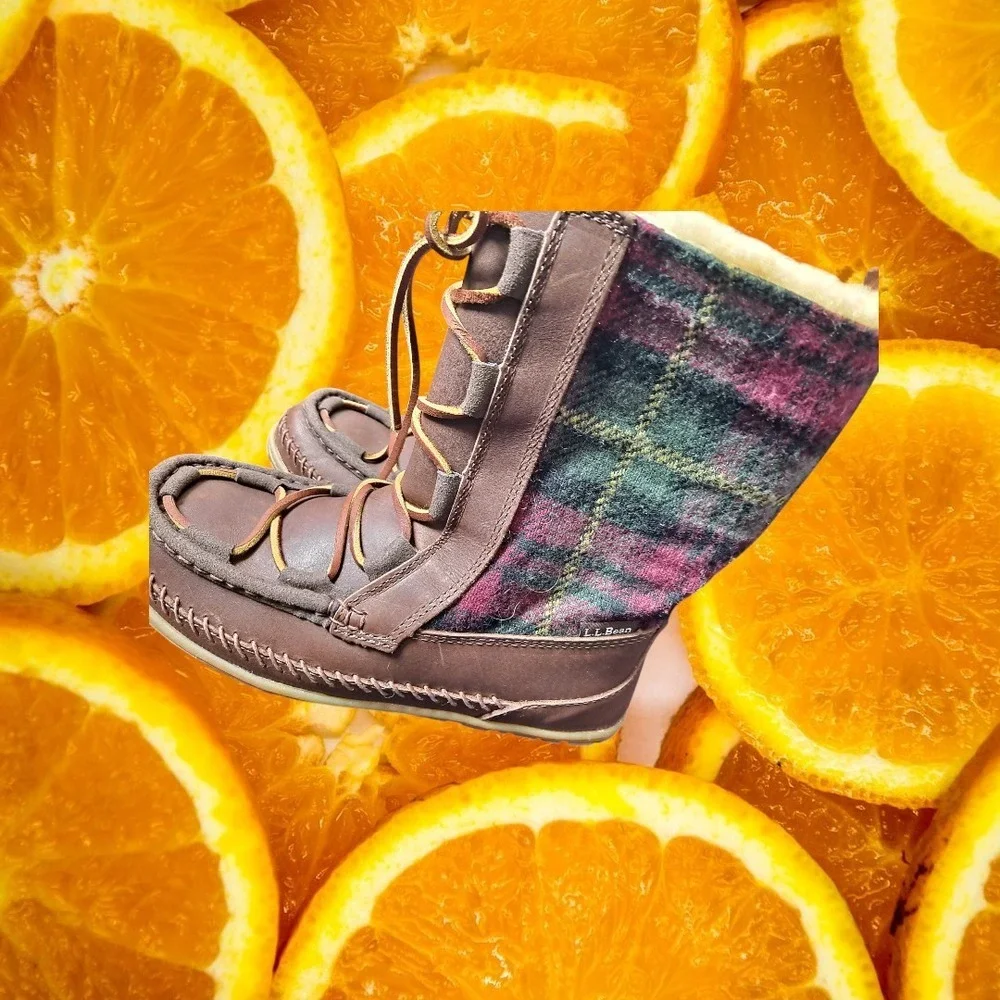 L.L.Bean Shearling Lined Moc Toe Plaid Wool Boots Lace Up‎ Women's 7M